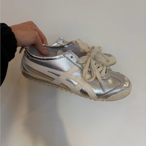 Onitsuka Tiger by Asics Metallic Silver and White Mexico-Style Sneakers